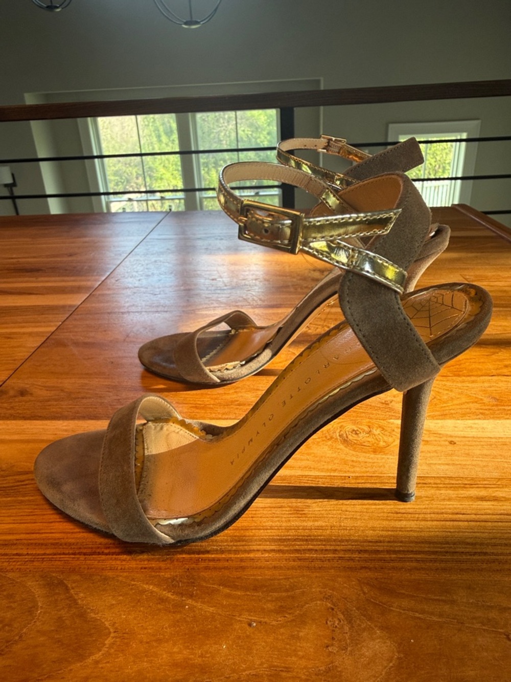 Charlotte Olympia Women's Taupe Suede Stiletto Sandals with Gold Accent
